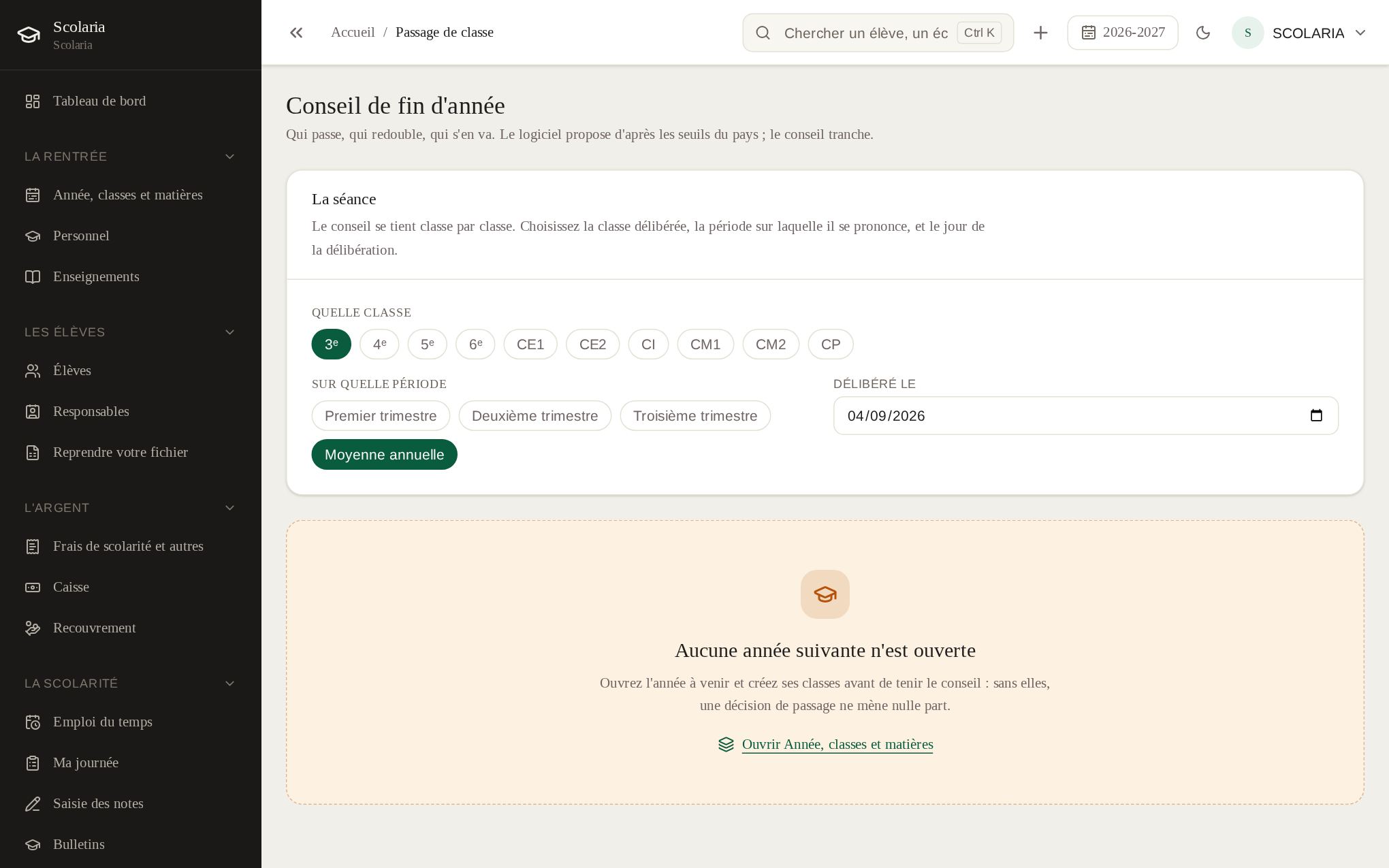 L'écran « Le conseil de fin d'année » de Scolaria